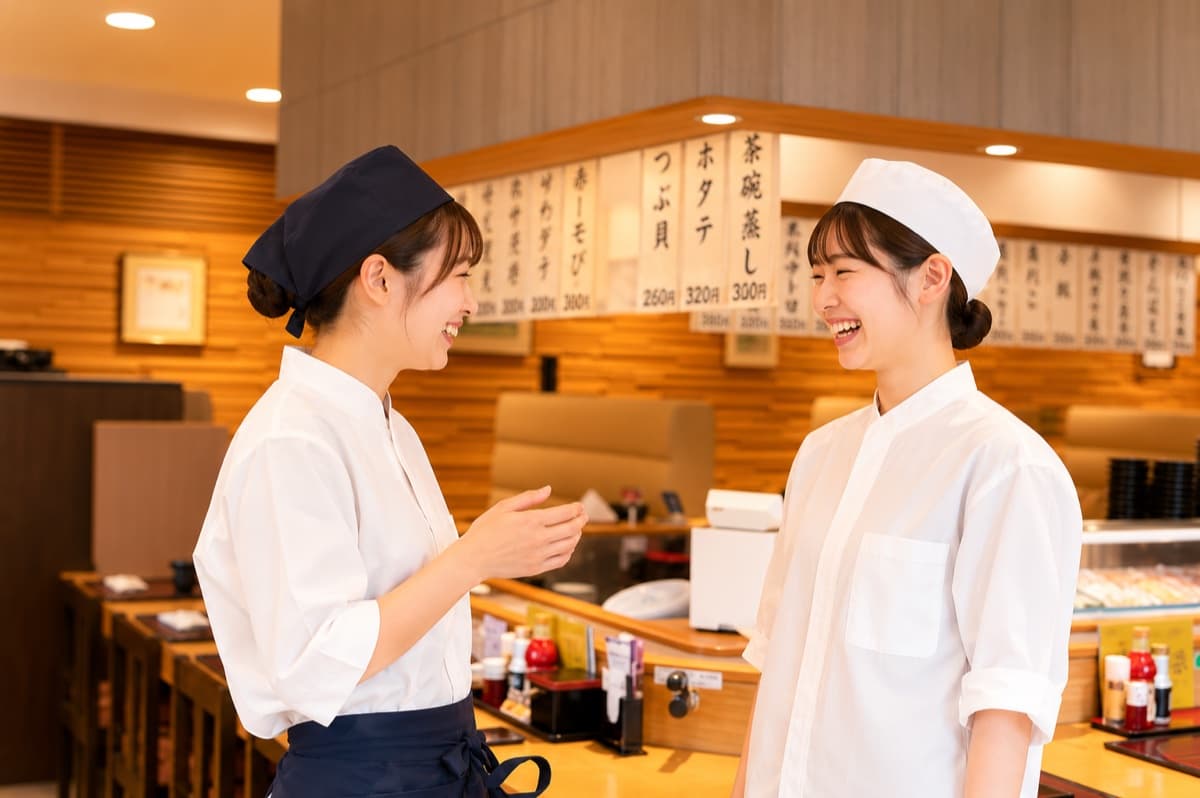 笑顔で会話するかね㐂のスタッフ